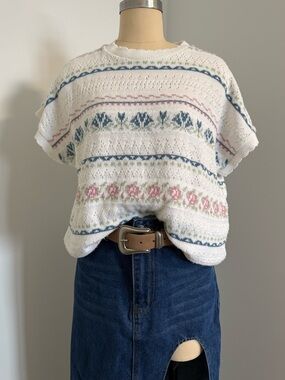 Vintage Floral Knit Short-Sleeve Sweater Top